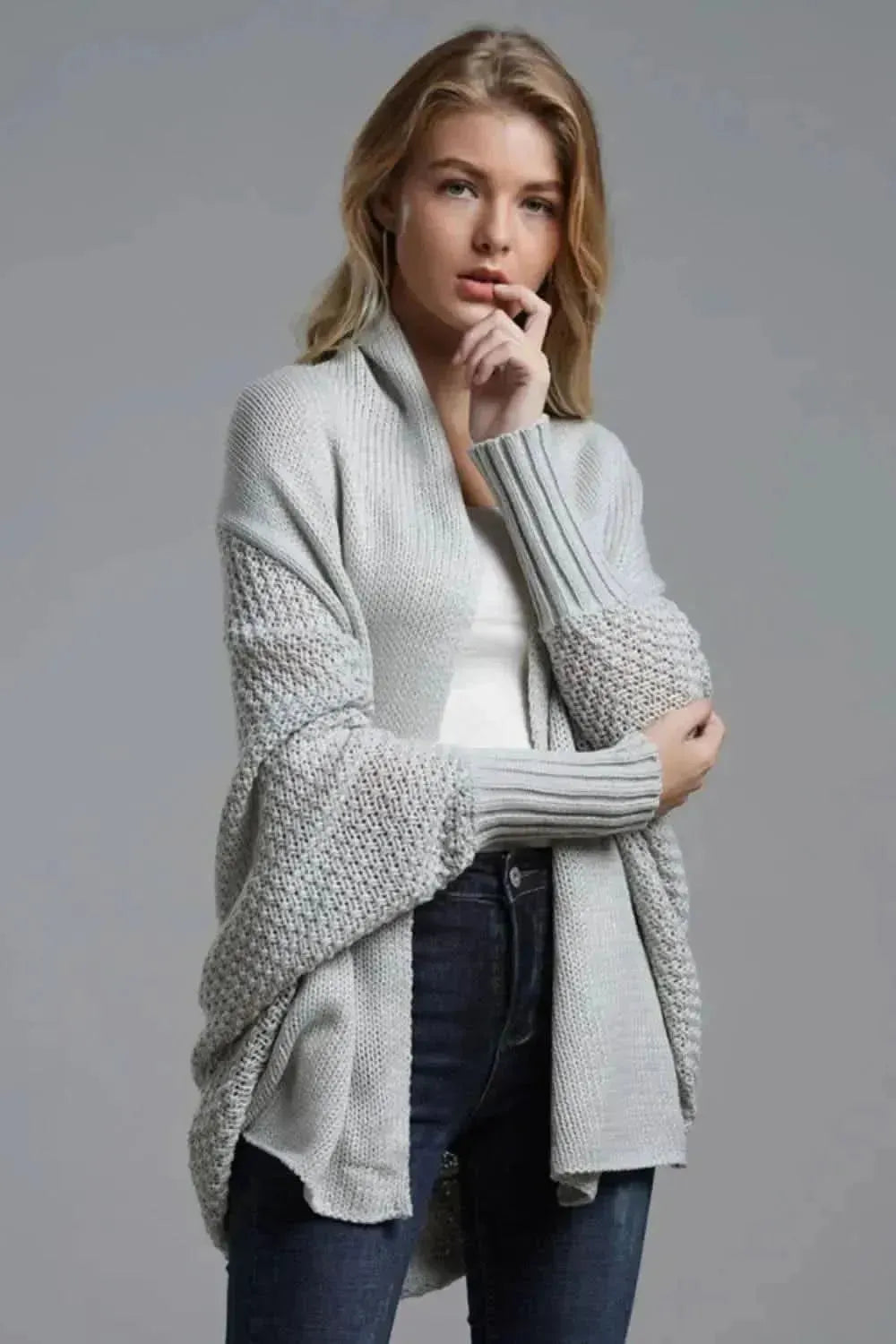 Dolman Sleeve Open Front Ribbed Trim Longline Cardigan - Bad Moms Club