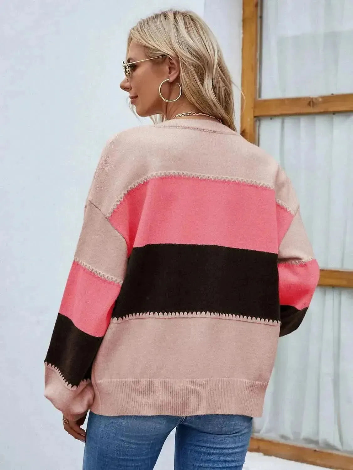 Color Block Button Up Lantern Sleeve Cardigan - Bad Moms Club