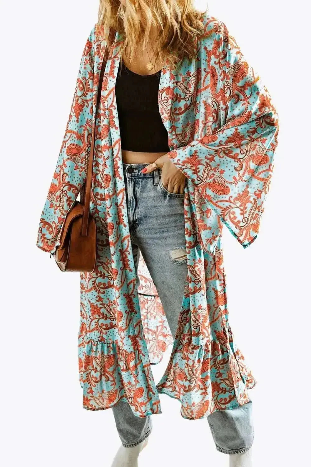 Printed Open Front Duster Cardigan - Bad Moms Club