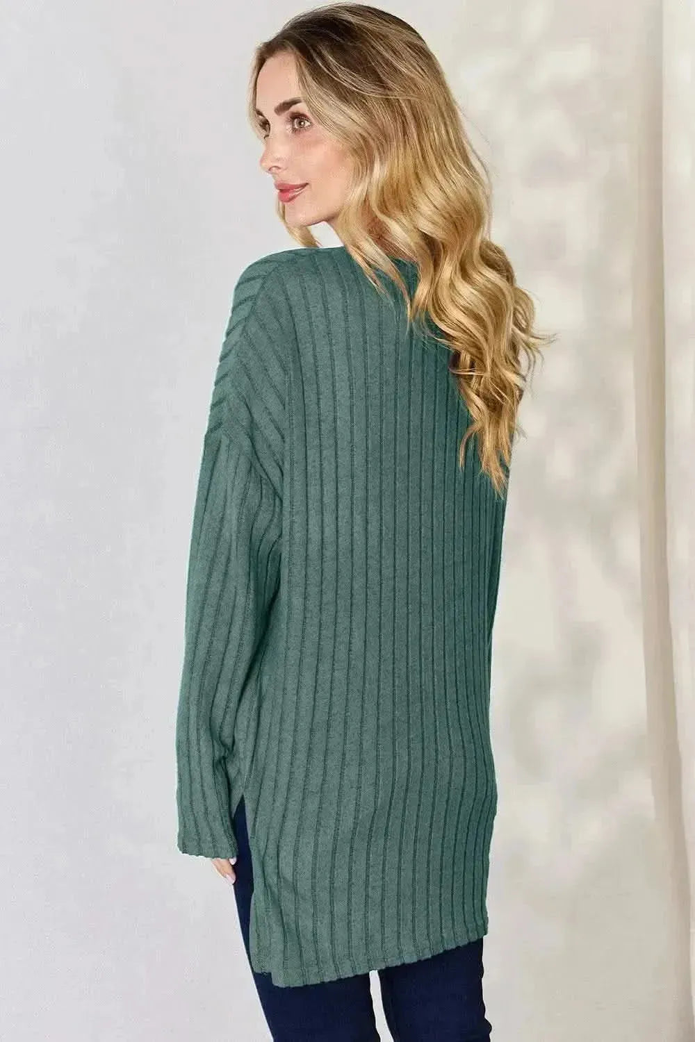 Basic Bae Full Size Ribbed Half Button Long Sleeve High-Low T-Shirt - Bad Moms Club