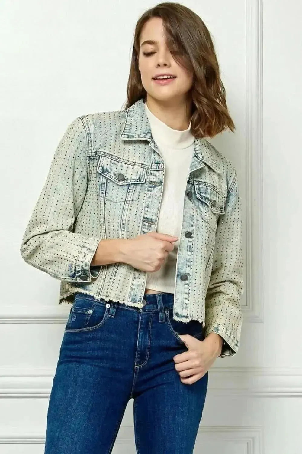 Veveret Multi Color Stripe Rhinestone Raw Hem Denim Jacket - Bad Moms Club