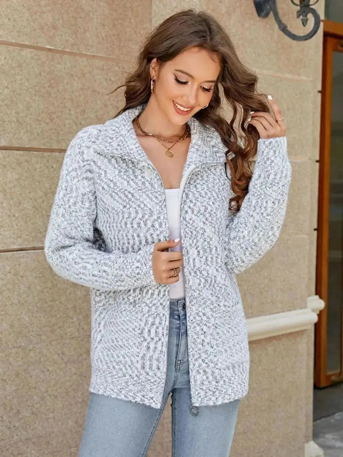 Zip-Up Collared Cardigan with Pockets - Bad Moms Club