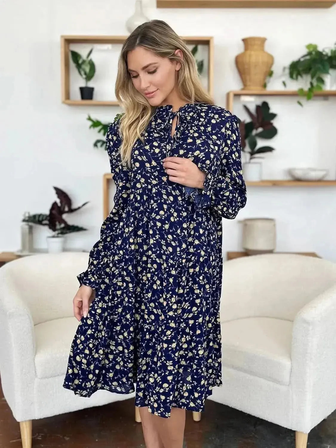 Double Take Full Size Printed Ruffle Hem Long Sleeve Tiered Dress - Bad Moms Club