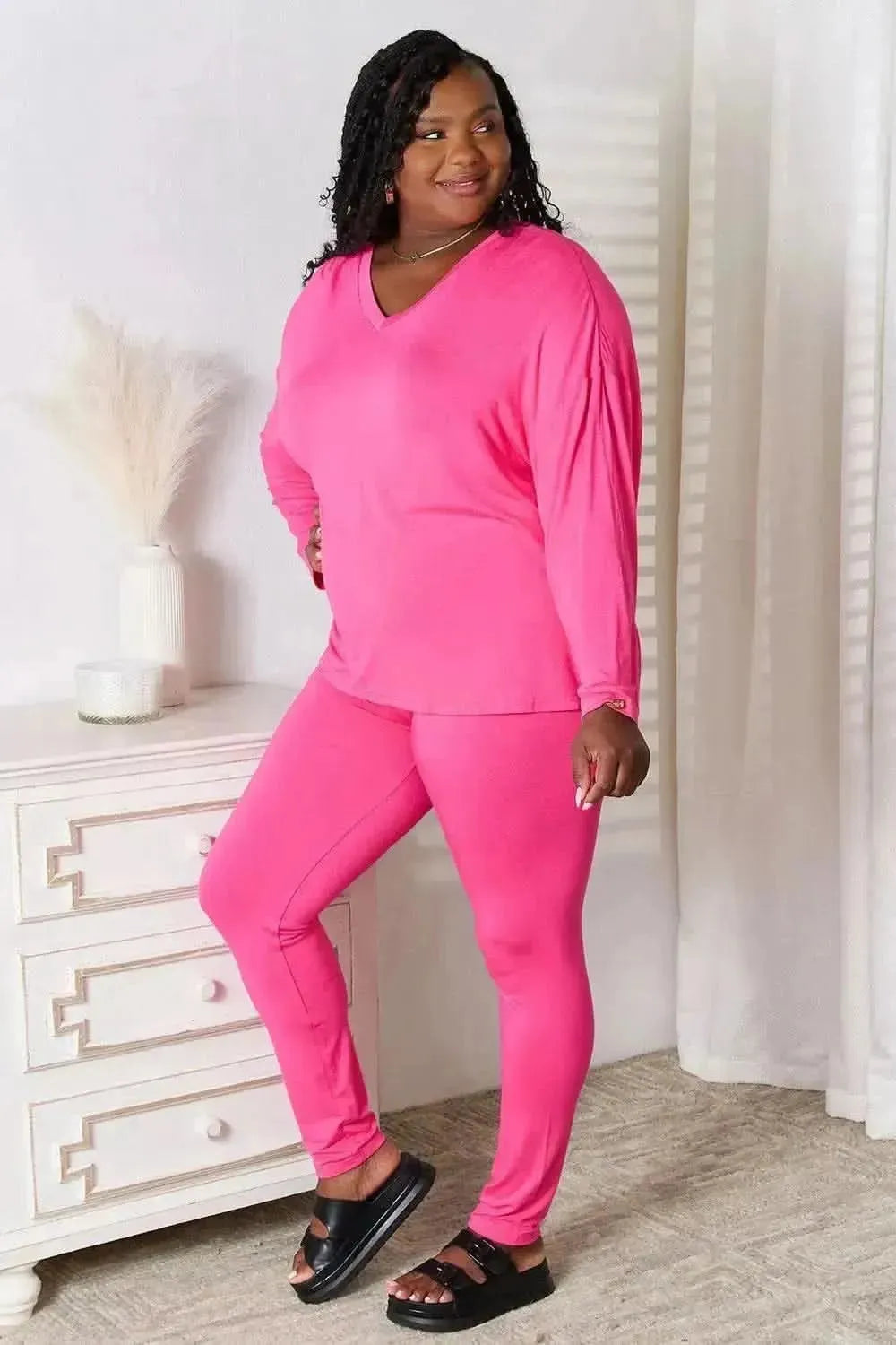 Basic Bae Full Size V-Neck Soft Rayon Long Sleeve Top and Pants Lounge Set - Bad Moms Club