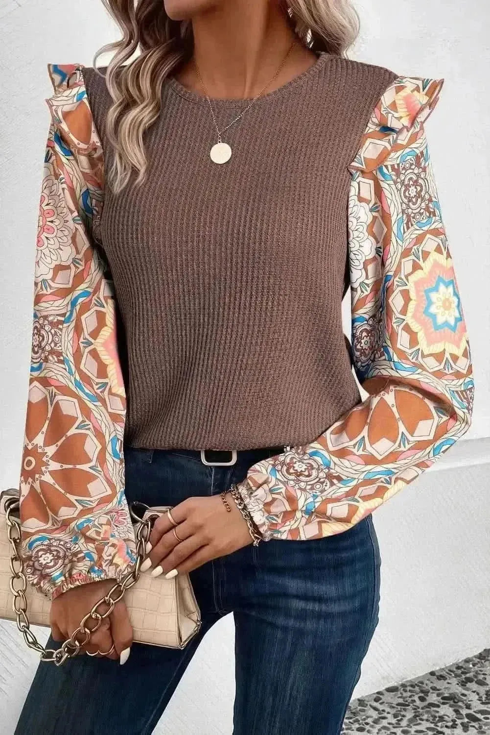 Ruffled Printed Round Neck Long Sleeve Top - Bad Moms Club