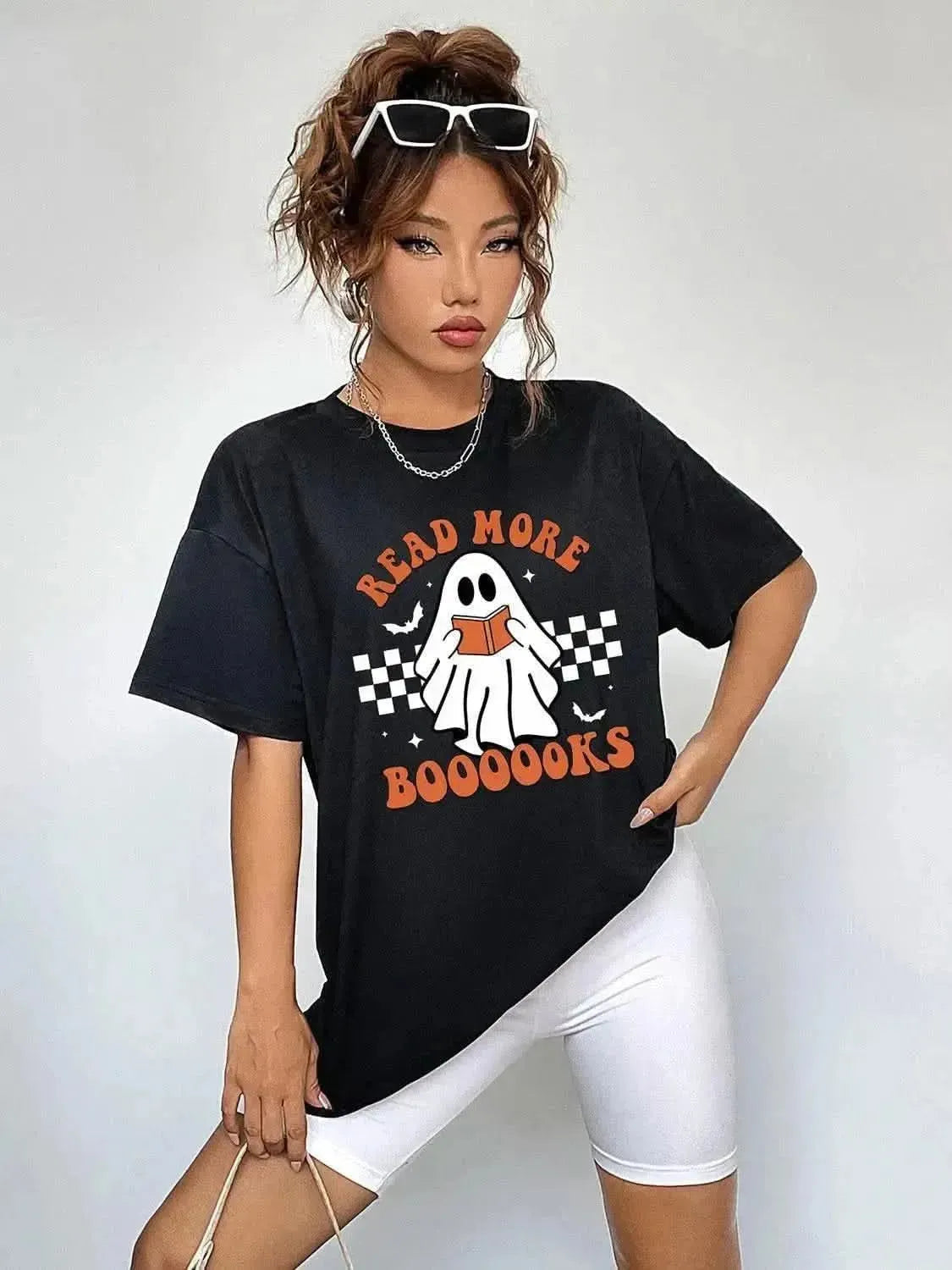 Round Neck Short Sleeve Ghost Graphic T-Shirt - Bad Moms Club