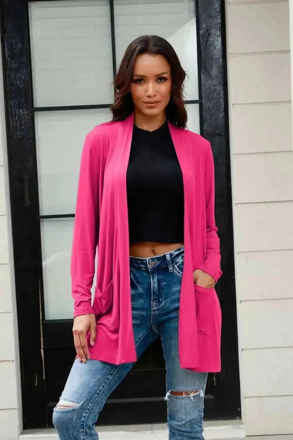 Basic Bae Full Size Open Front Long Sleeve Cardigan with Pockets - Bad Moms Club
