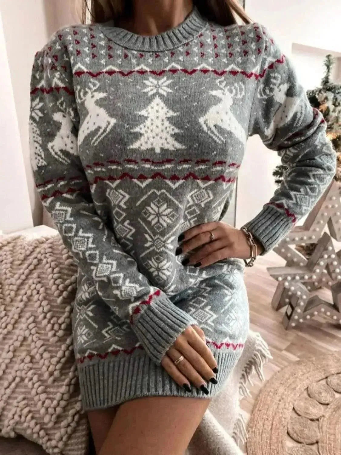 Reindeer & Snowflake Round Neck Sweater Dress - Bad Moms Club
