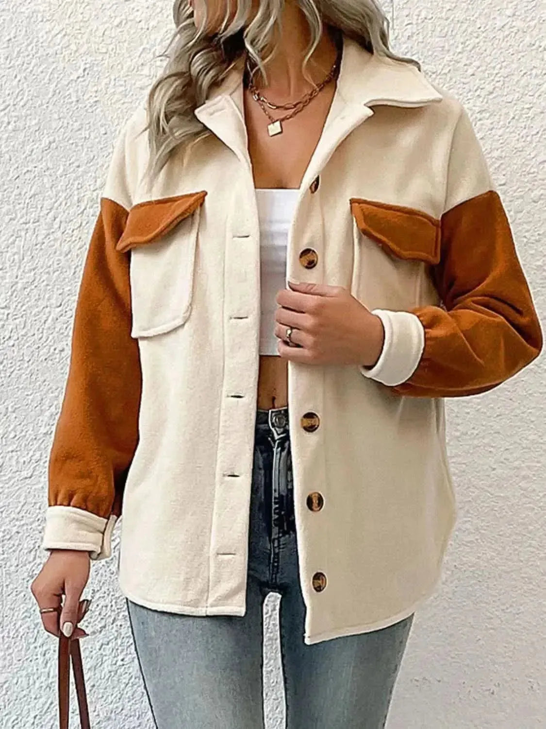 Contrast Button-Up Fleece Jacket - Bad Moms Club