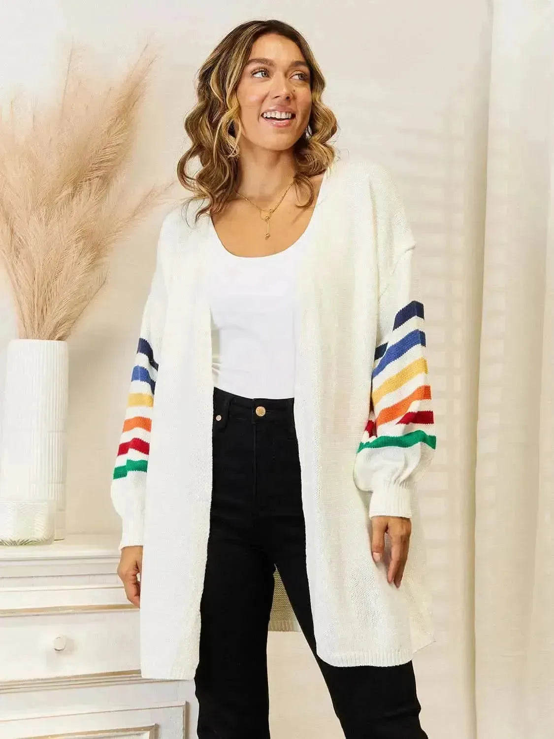 Striped Open Front Dropped Shoulder Cardigan - Bad Moms Club