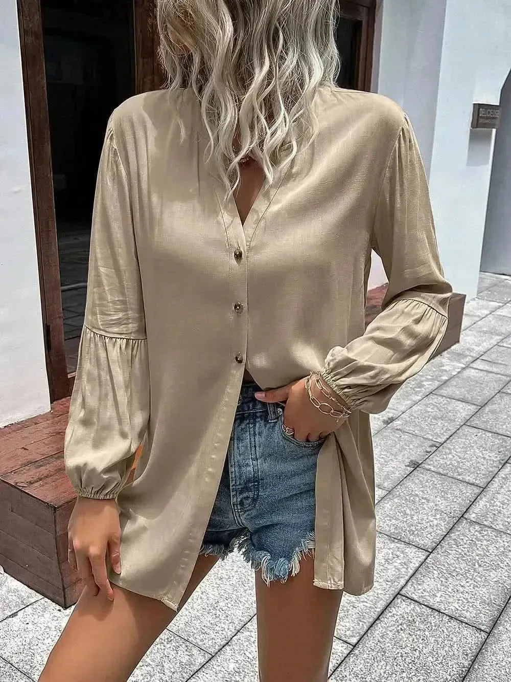 Ivy Lane Notched Neck Balloon Sleeve Shirt - Bad Moms Club