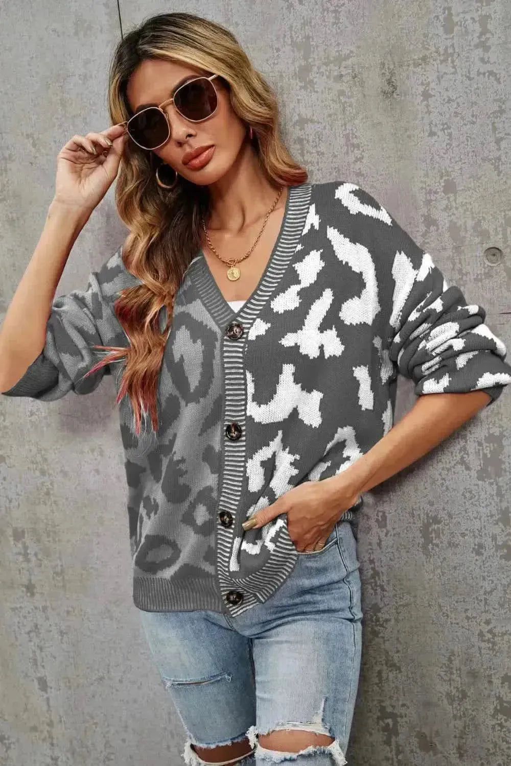 Leopard Button Front Ribbed Trim Cardigan - Bad Moms Club