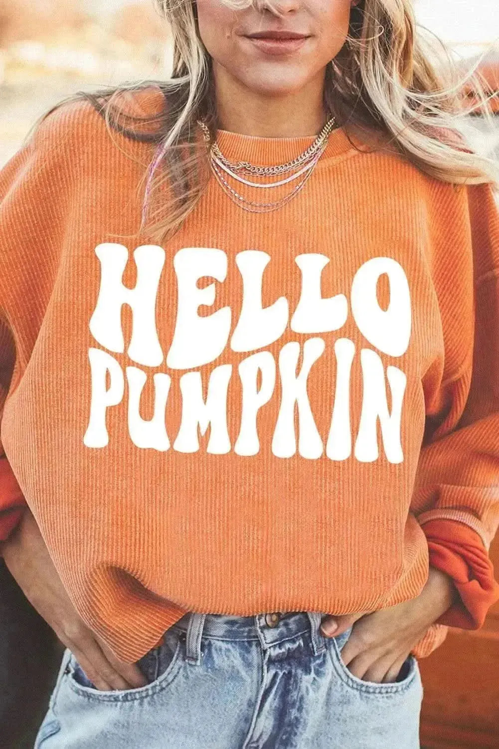 Round Neck Dropped Shoulder HELLO PUMPKIN Graphic Sweatshirt - Bad Moms Club