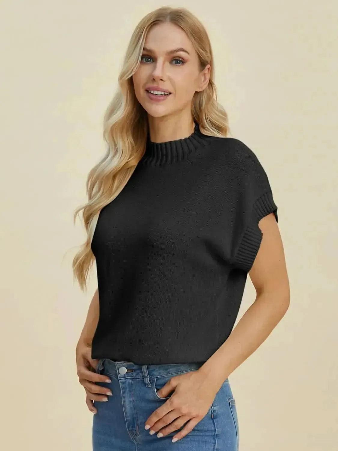 Double Take Full Size Mock Neck Short Sleeve Sweater - Bad Moms Club