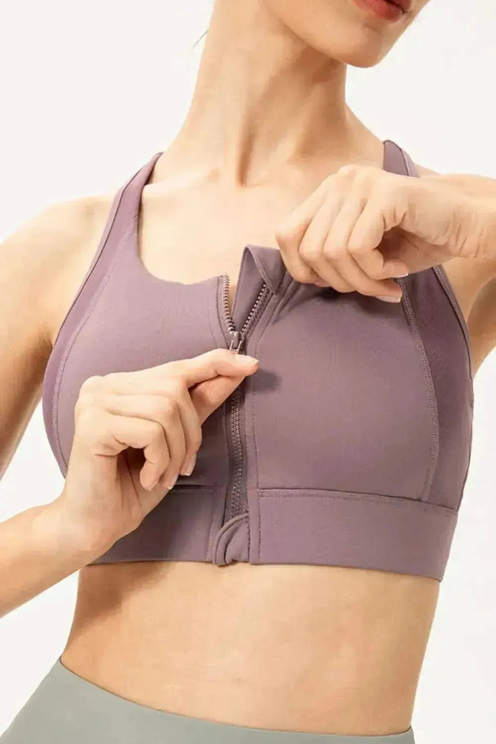 Zip-Up Round Neck Sports Bra - Bad Moms Club