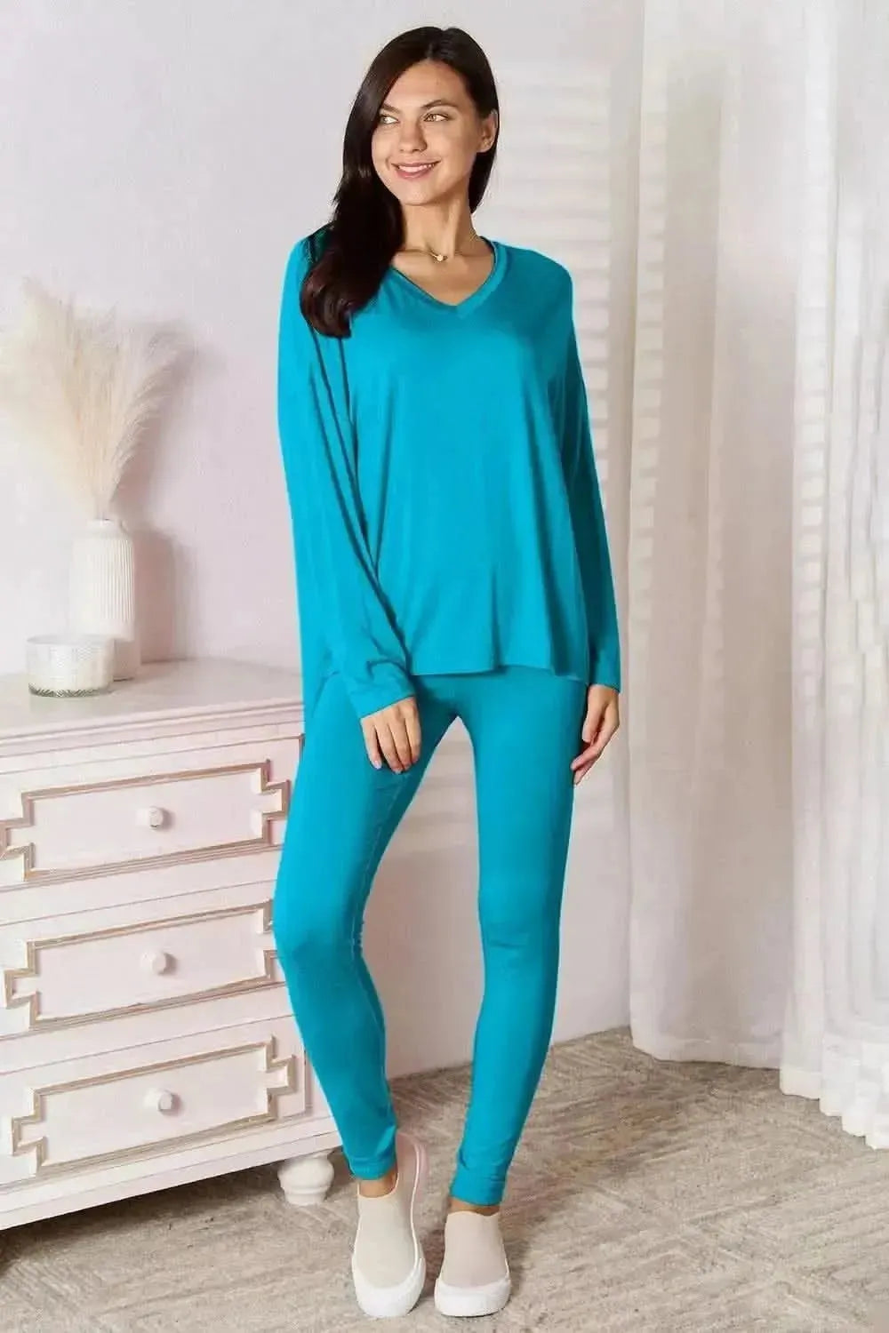 Basic Bae Full Size V-Neck Soft Rayon Long Sleeve Top and Pants Lounge Set - Bad Moms Club