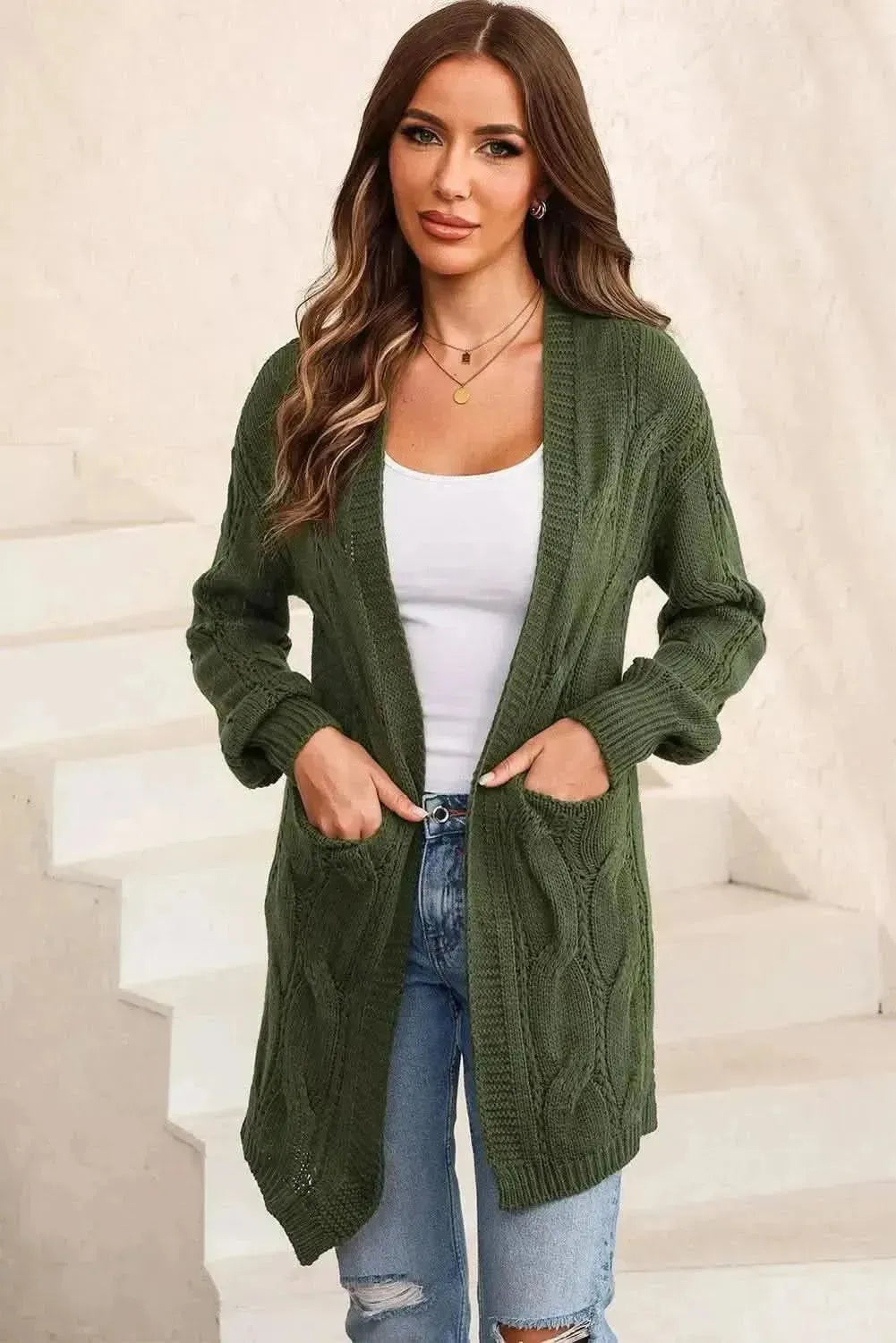 Cable-Knit Dropped Shoulder Slit Cardigan - Bad Moms Club