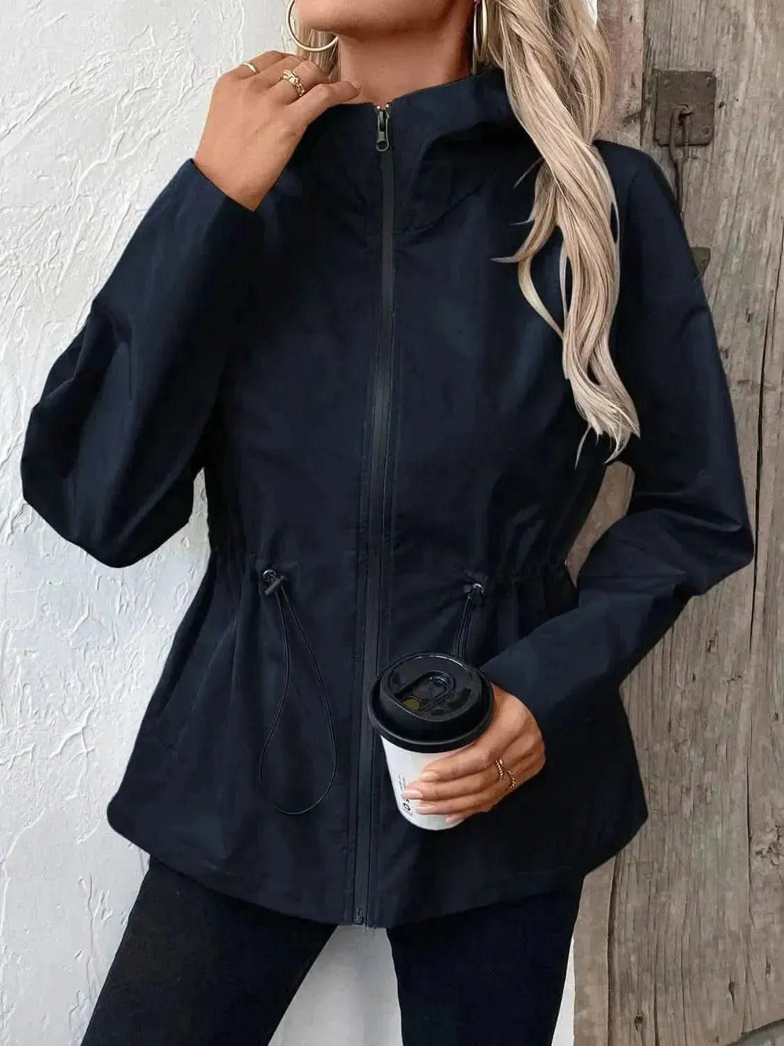 Drawstring Zip Up Hooded Jacket - Bad Moms Club