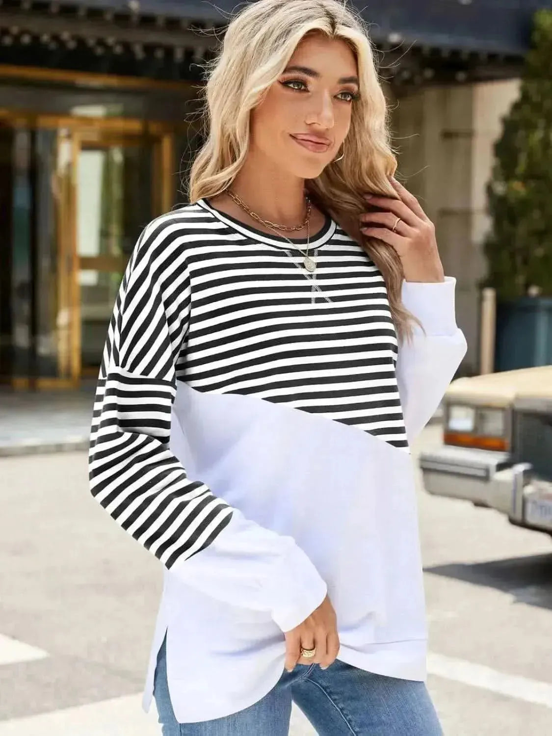 Slit Contrast Striped Long Sleeve Sweatshirt - Bad Moms Club