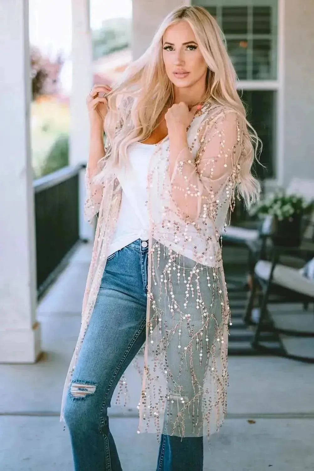 Sequin Open Front Sheer Cardigan - Bad Moms Club