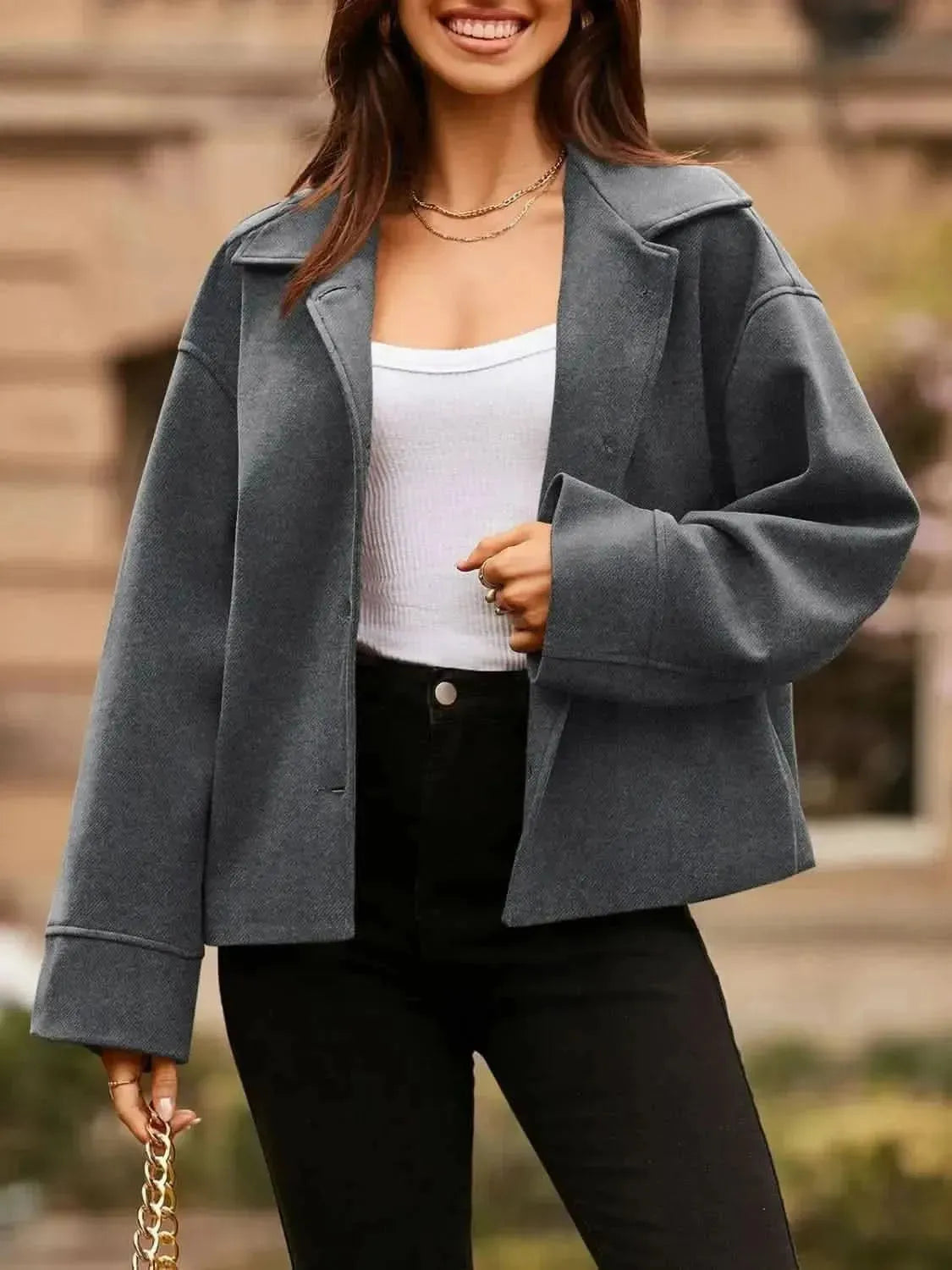 Collared Neck Dropped Shoulder Jacket - Bad Moms Club