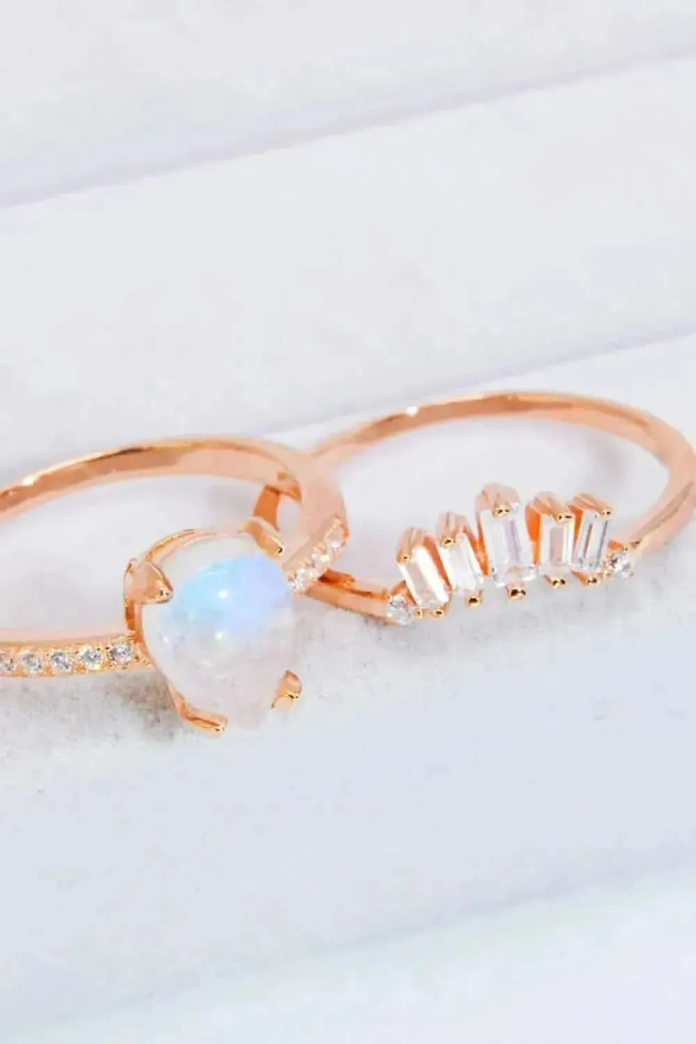 Natural Moonstone and Zircon 18K Rose Gold-Plated Two-Piece Ring Set - Bad Moms Club