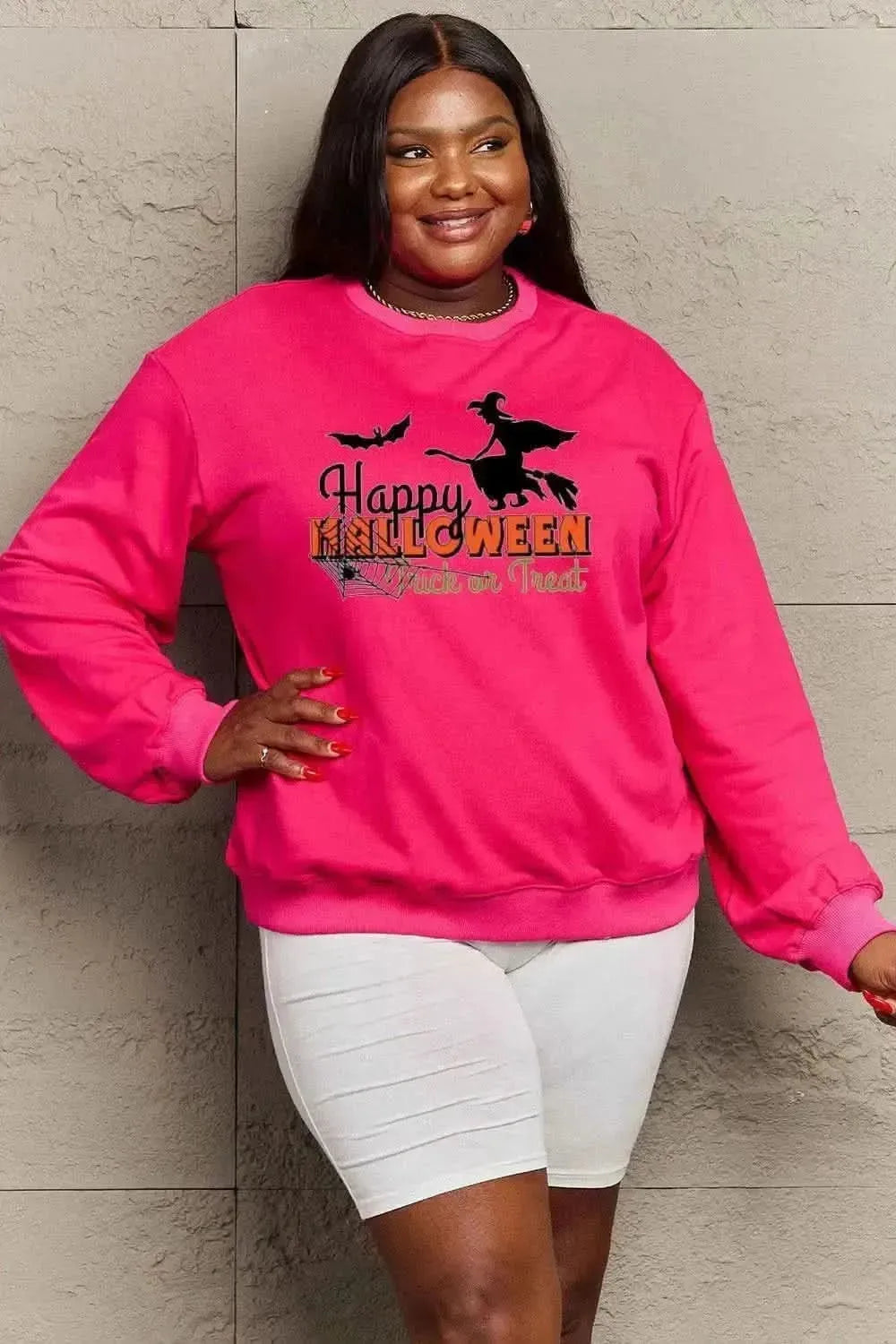 Simply Love Full Size HAPPY HALLOWEEN TRICK OR TREAT Graphic Sweatshirt - Bad Moms Club