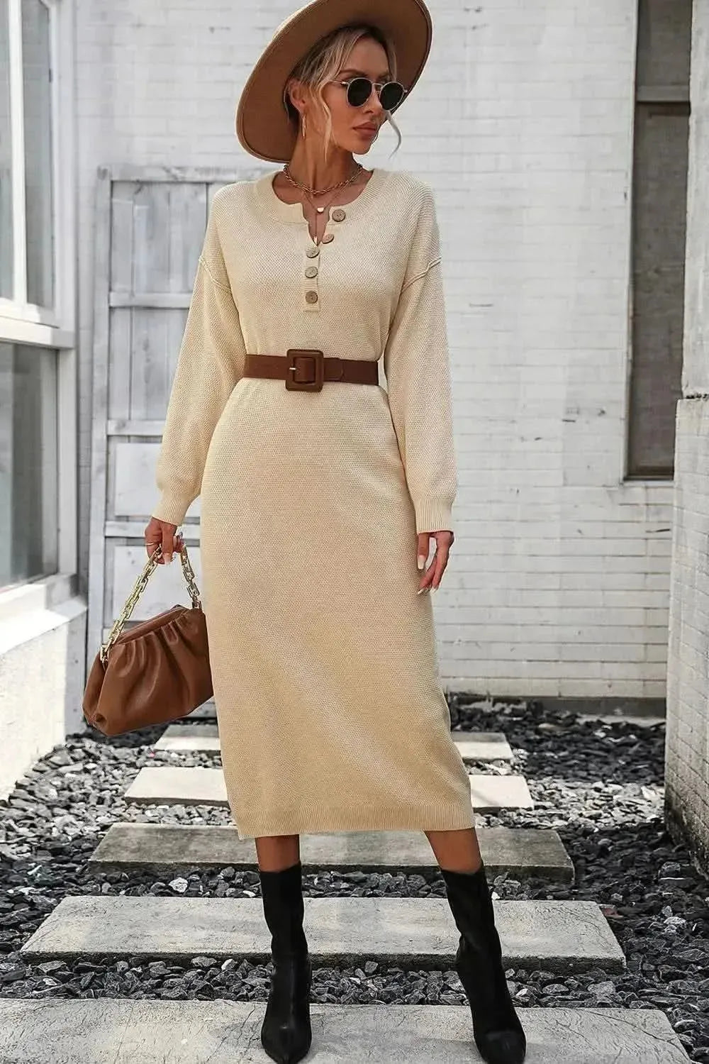 Decorative Button Notched Dropped Shoulder Sweater Dress - Bad Moms Club