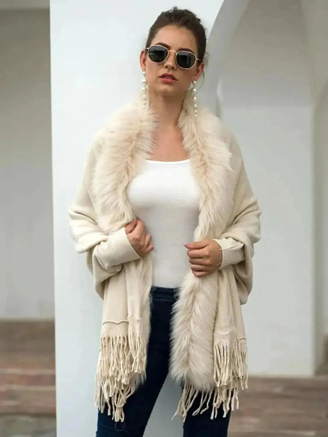 Fringe Open Front Long Sleeve Poncho - Bad Moms Club