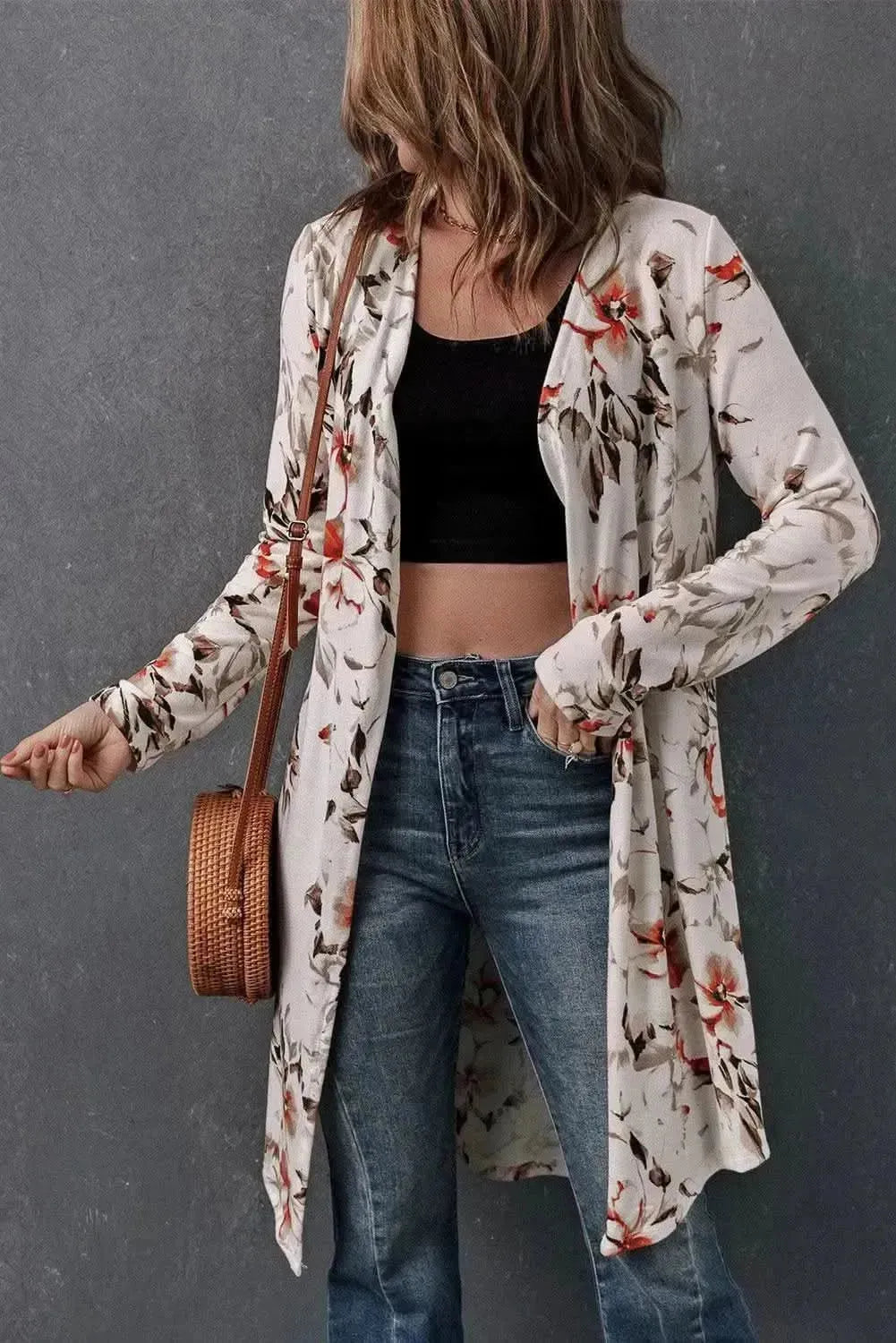 Double Take Printed Open Front Longline Cardigan - Bad Moms Club