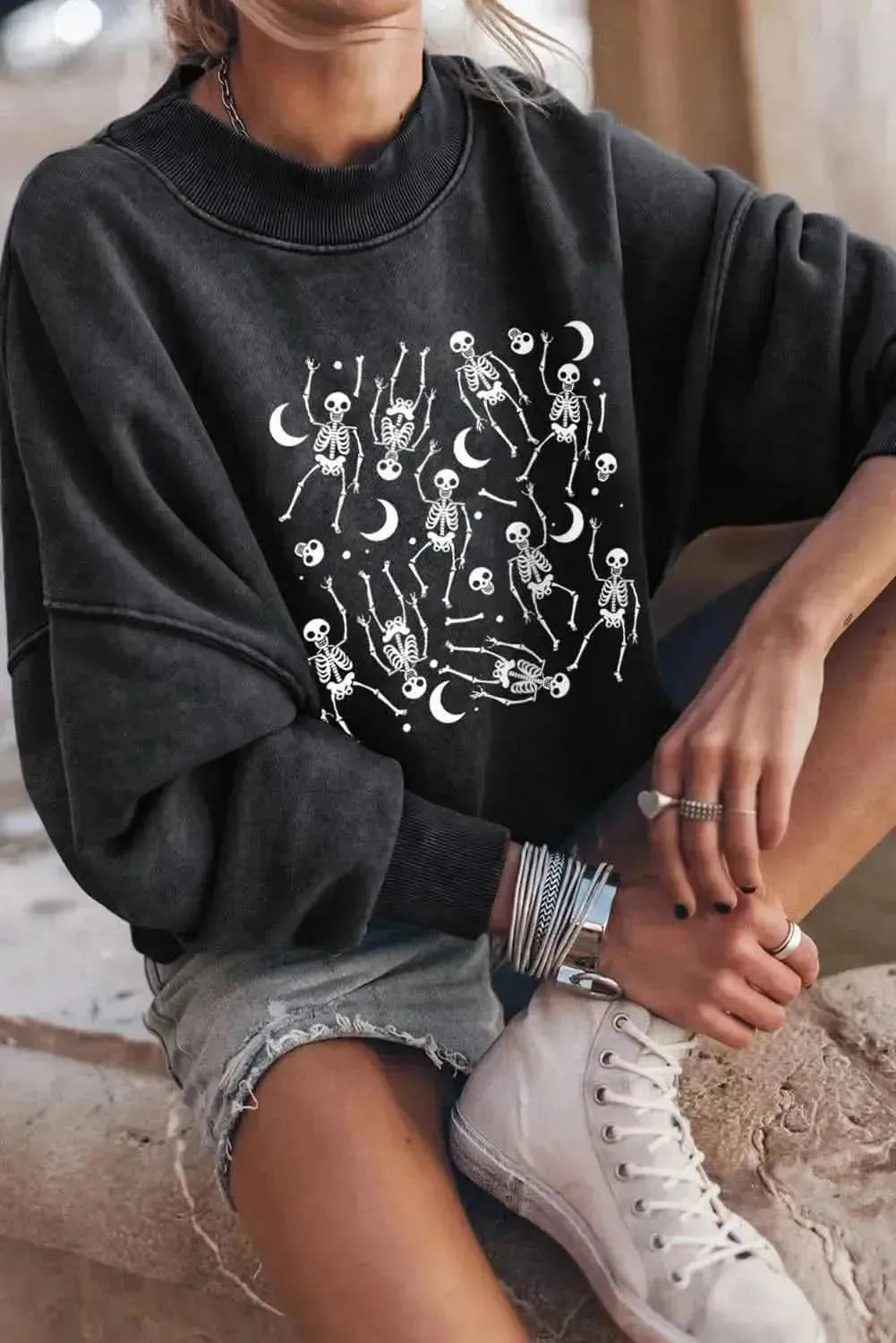 Skeleton Graphic Round Neck Long Sleeve Sweatshirt - Bad Moms Club