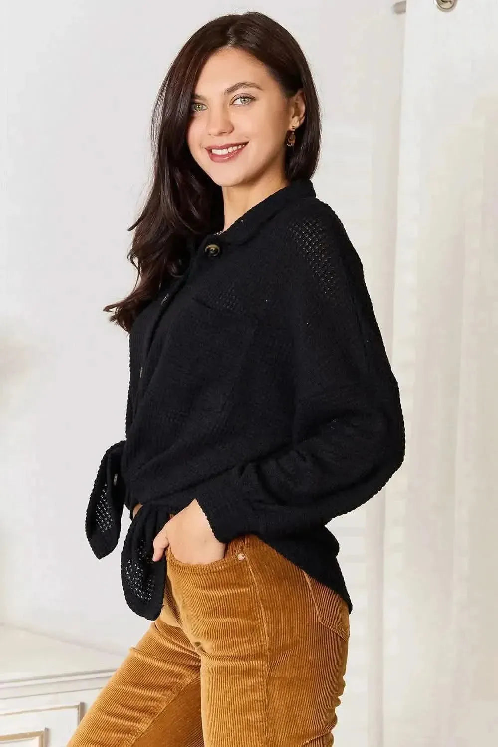 Double Take Waffle-Knit Collared Neck Dropped Shoulder Shirt - Bad Moms Club