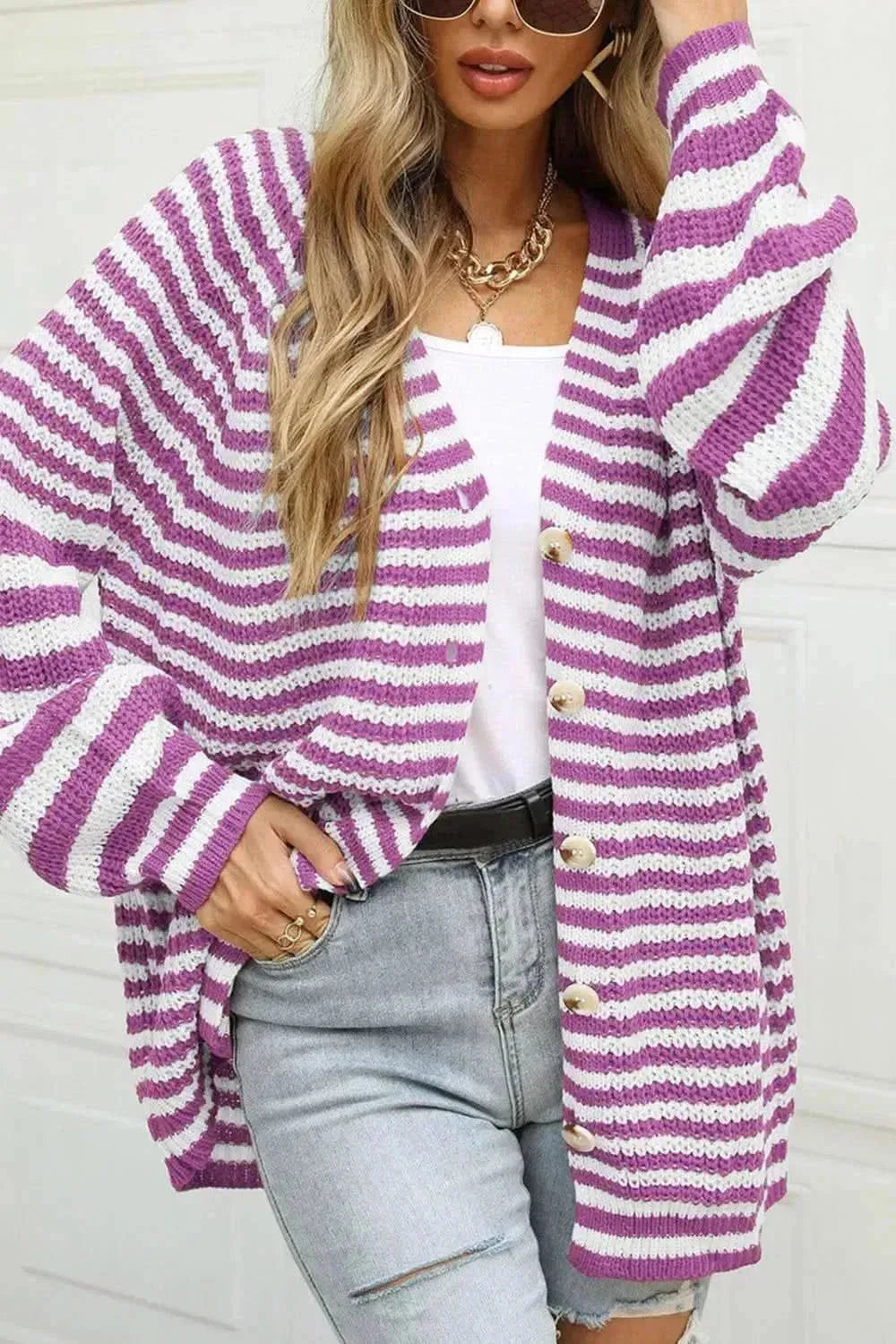 Striped Button Up Long Sleeve Cardigan - Bad Moms Club