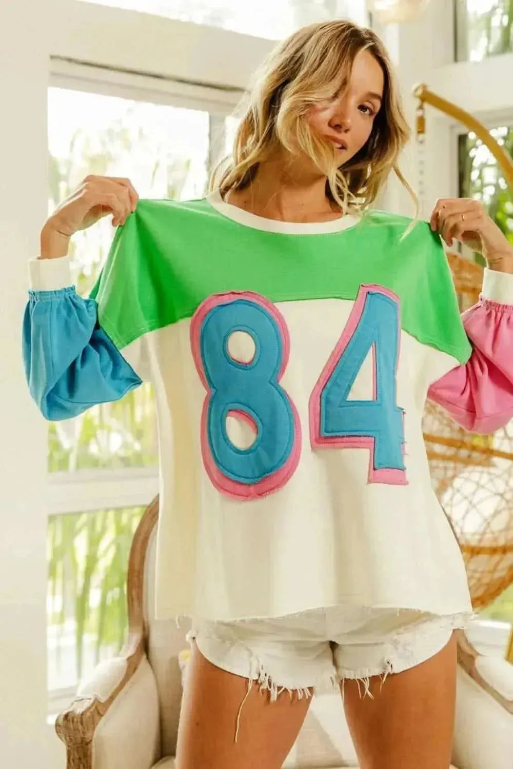 BiBi Color Block Patched Long Sleeve Top - Bad Moms Club