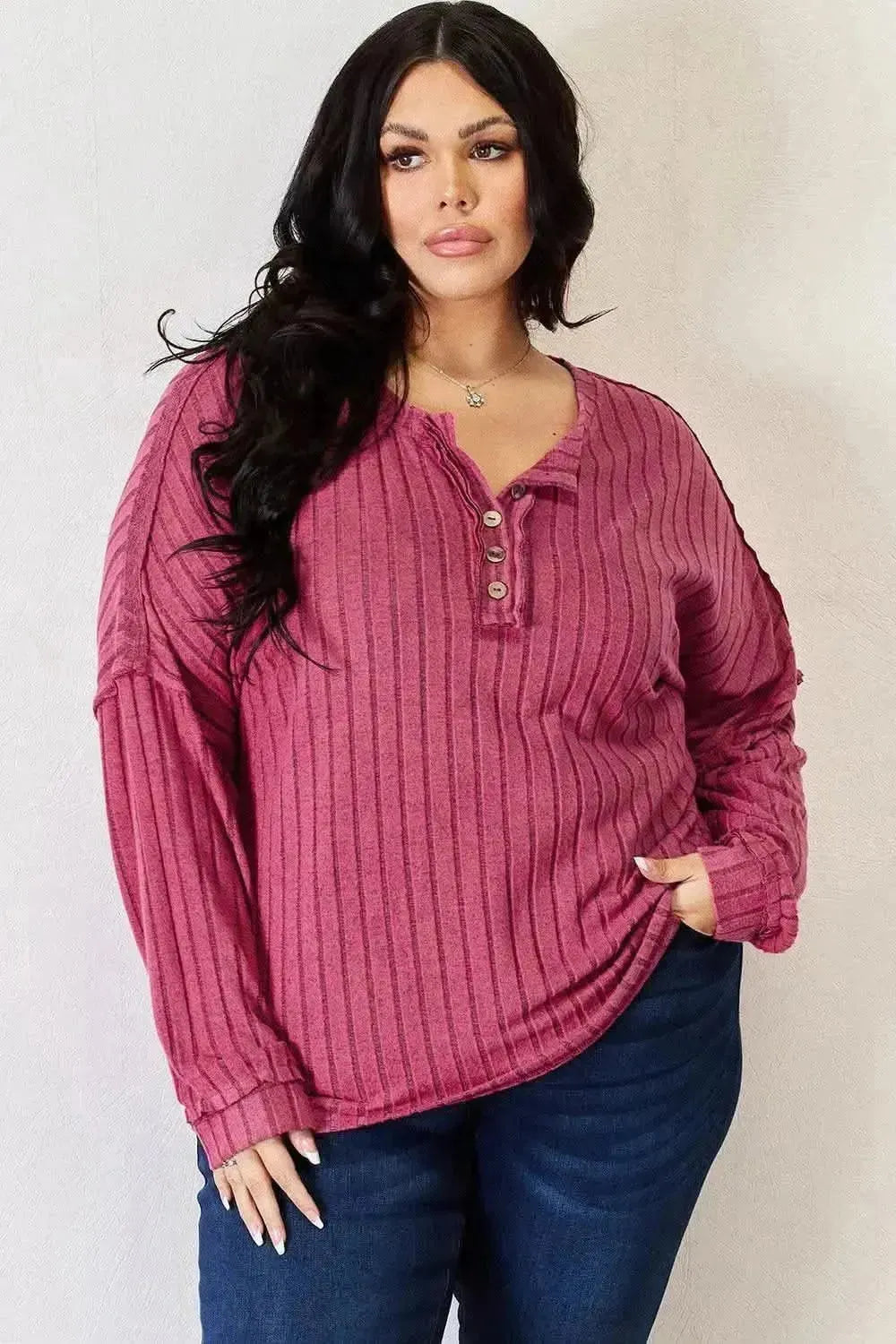 Basic Bae Full Size Ribbed Half Button Long Sleeve High-Low T-Shirt - Bad Moms Club