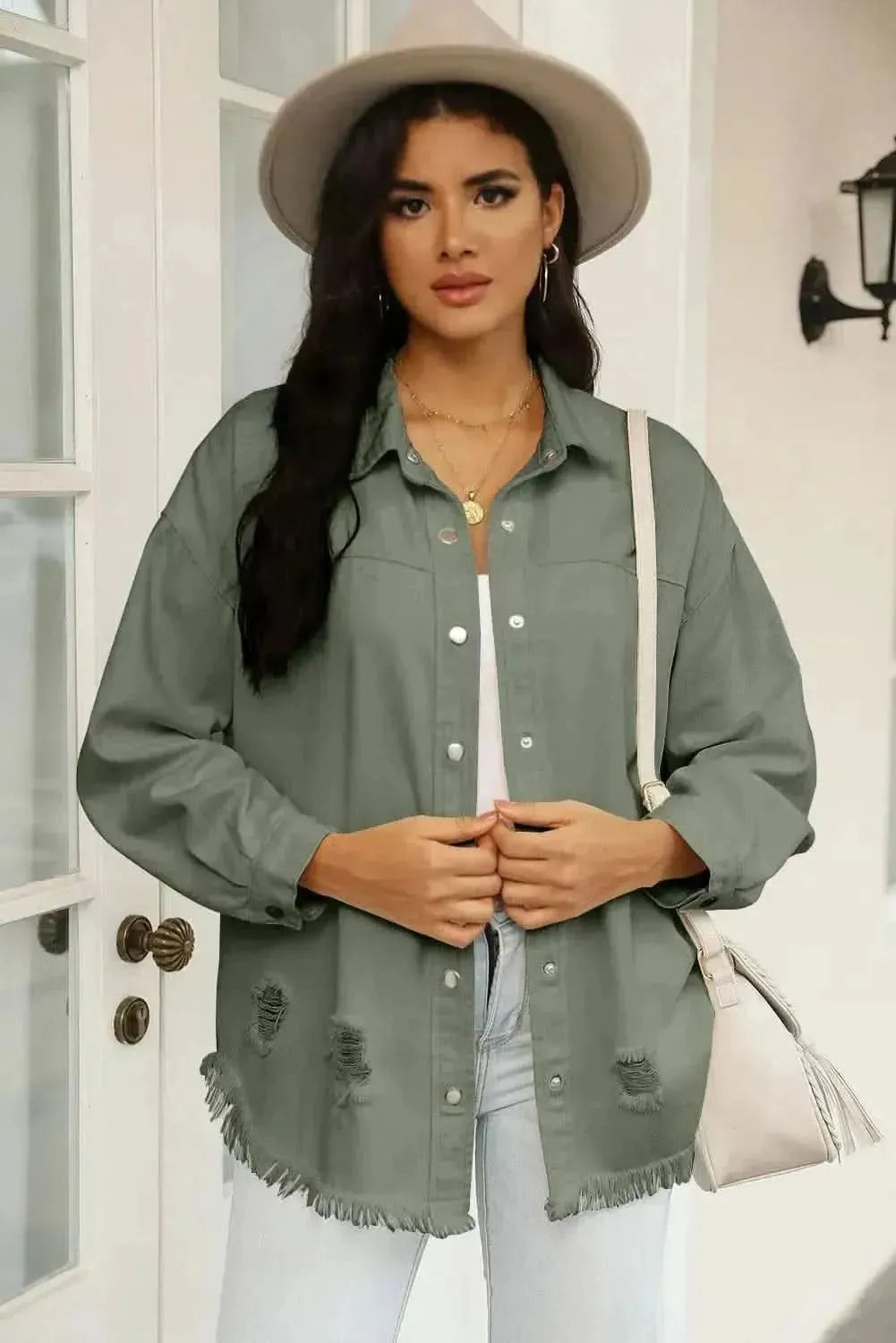 Distressed Snap Down Raw Hem Denim Jacket - Bad Moms Club