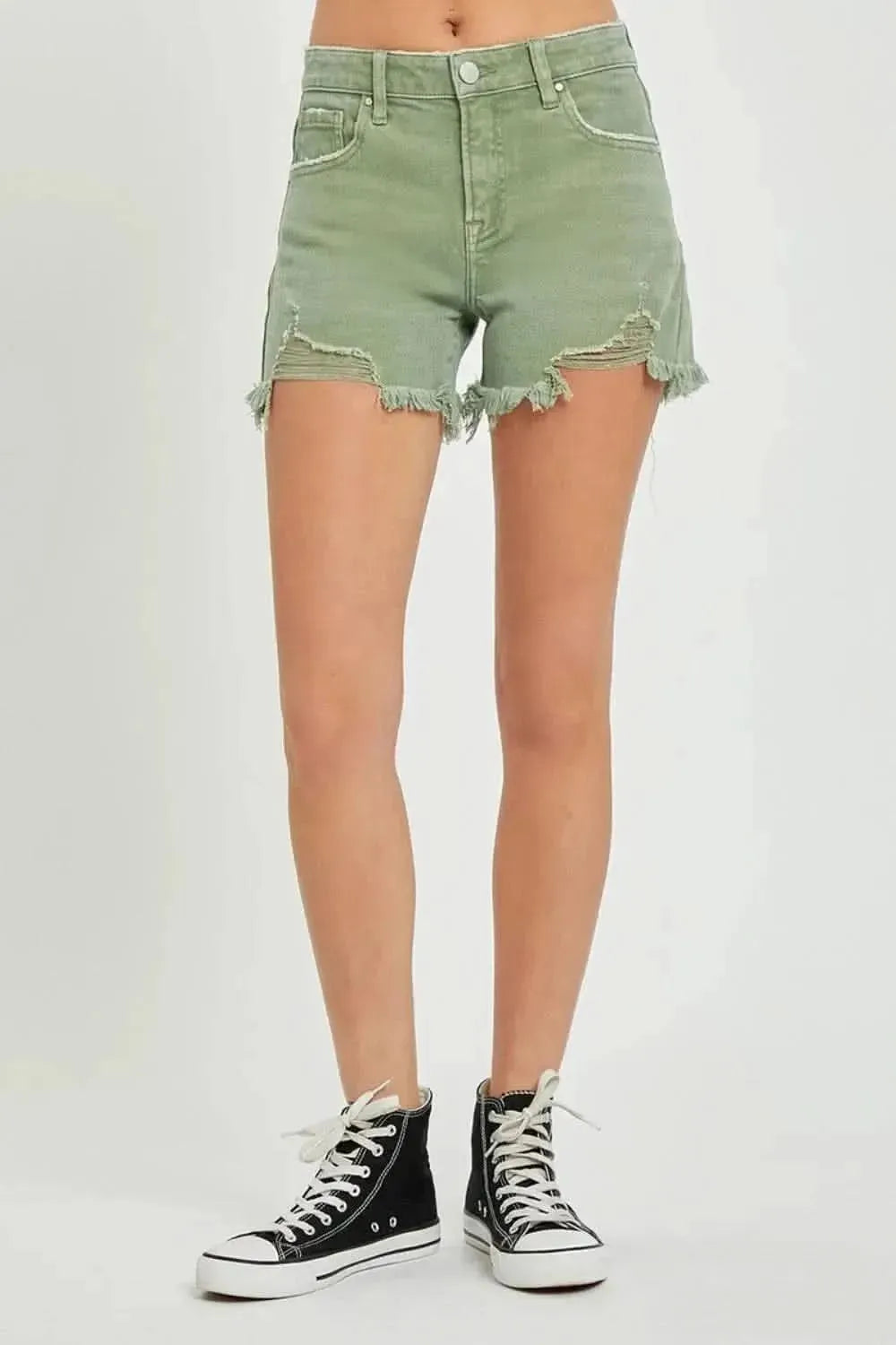 RISEN Mid Waist Frayed Hem Denim Shorts - Bad Moms Club