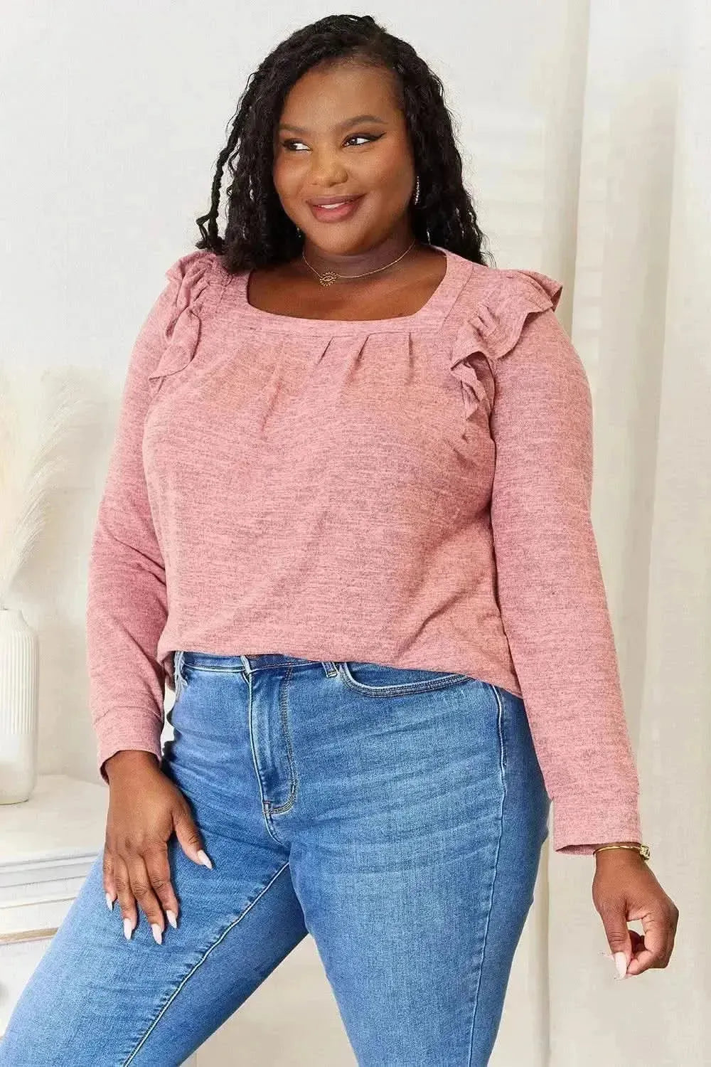 Double Take Square Neck Ruffle Shoulder Long Sleeve T-Shirt - Bad Moms Club