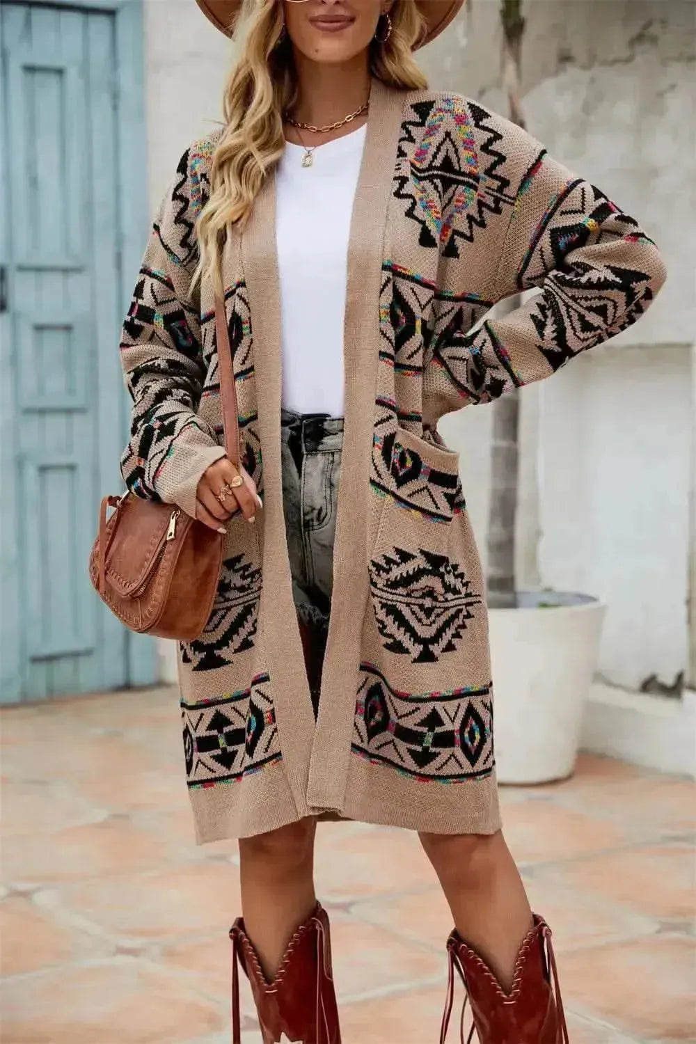 Pocketed Geometric Open Front Dropped Shoulder Cardigan - Bad Moms Club