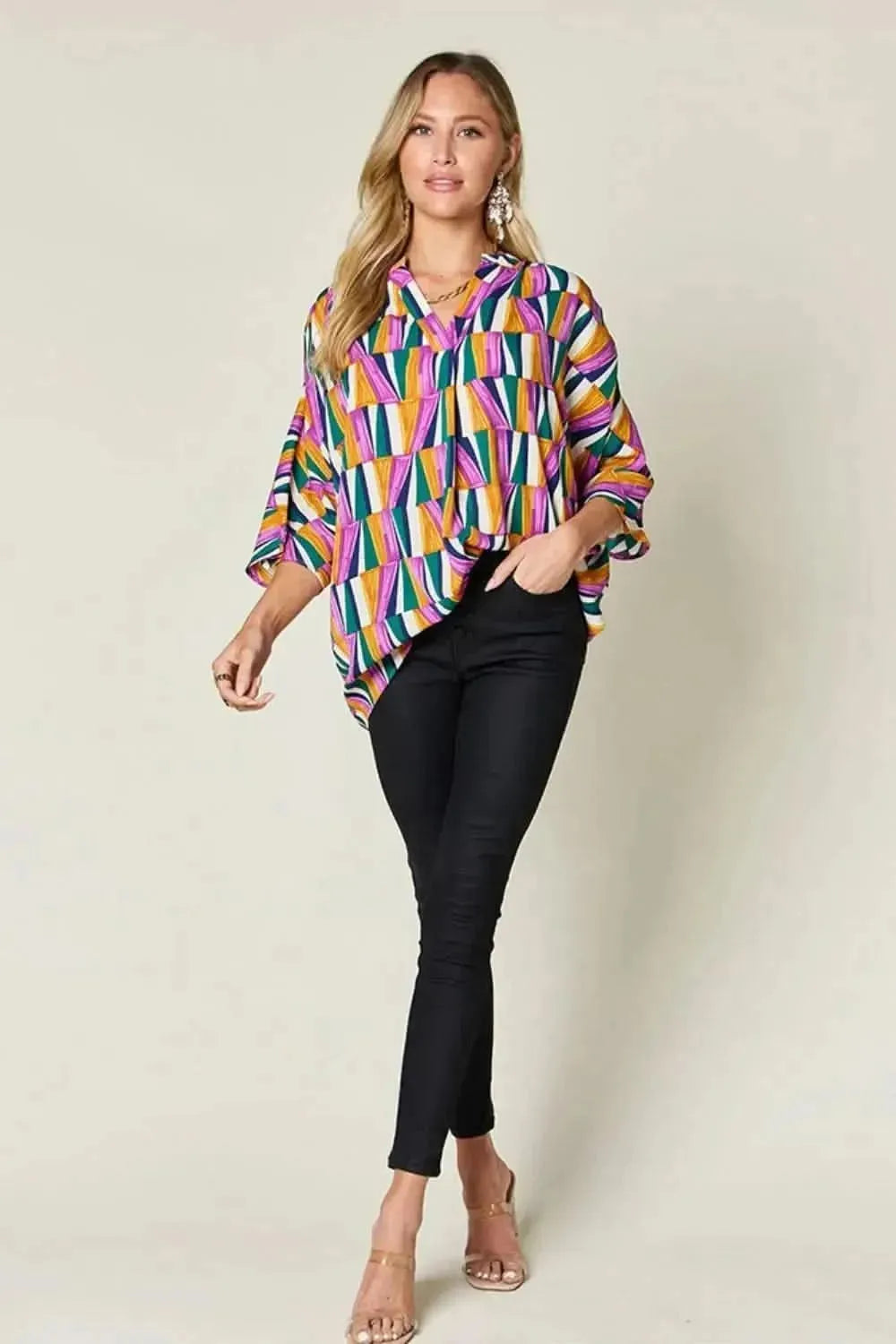 Double Take Full Size Geometric Notched Dolman Sleeve Top - Bad Moms Club