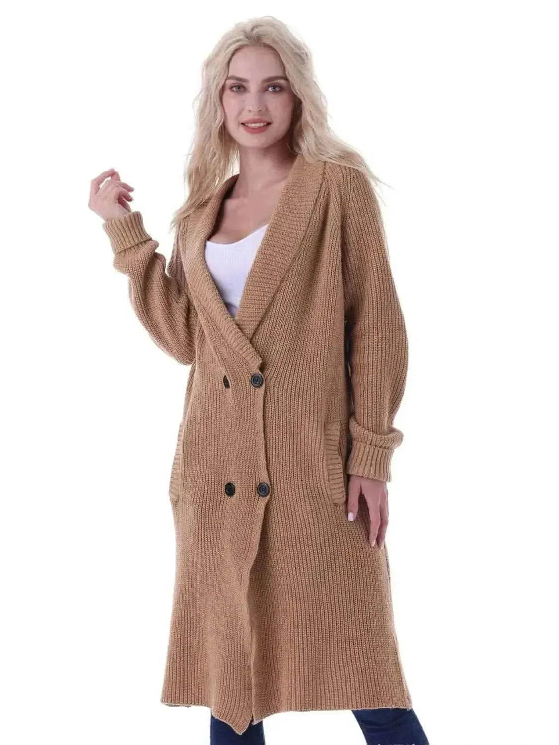 Double-Breasted Longline Cardigan with Pockets - Bad Moms Club