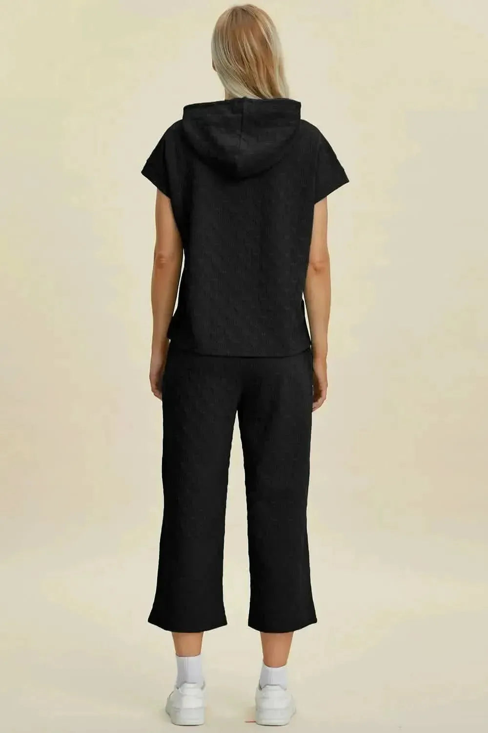 Double Take Full Size Texture Drawstring Short Sleeve Hoodie and Pocketed Pants Set - Bad Moms Club