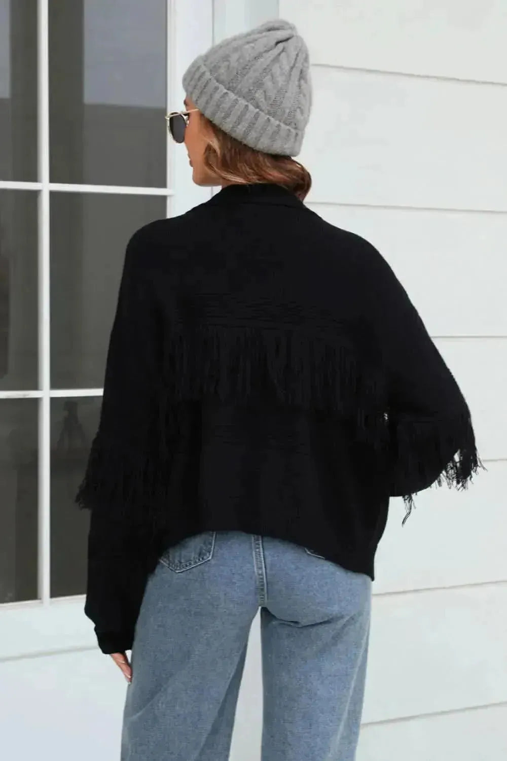 Fringe Trim Open Front Cardigan - Bad Moms Club