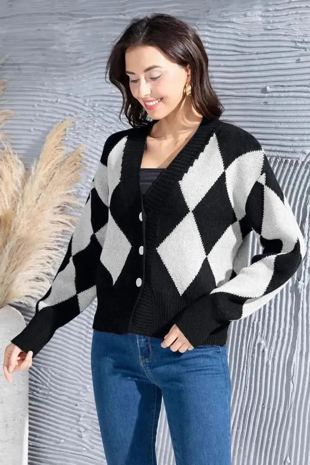 Geometric Button Up Dropped Shoulder Cardigan - Bad Moms Club