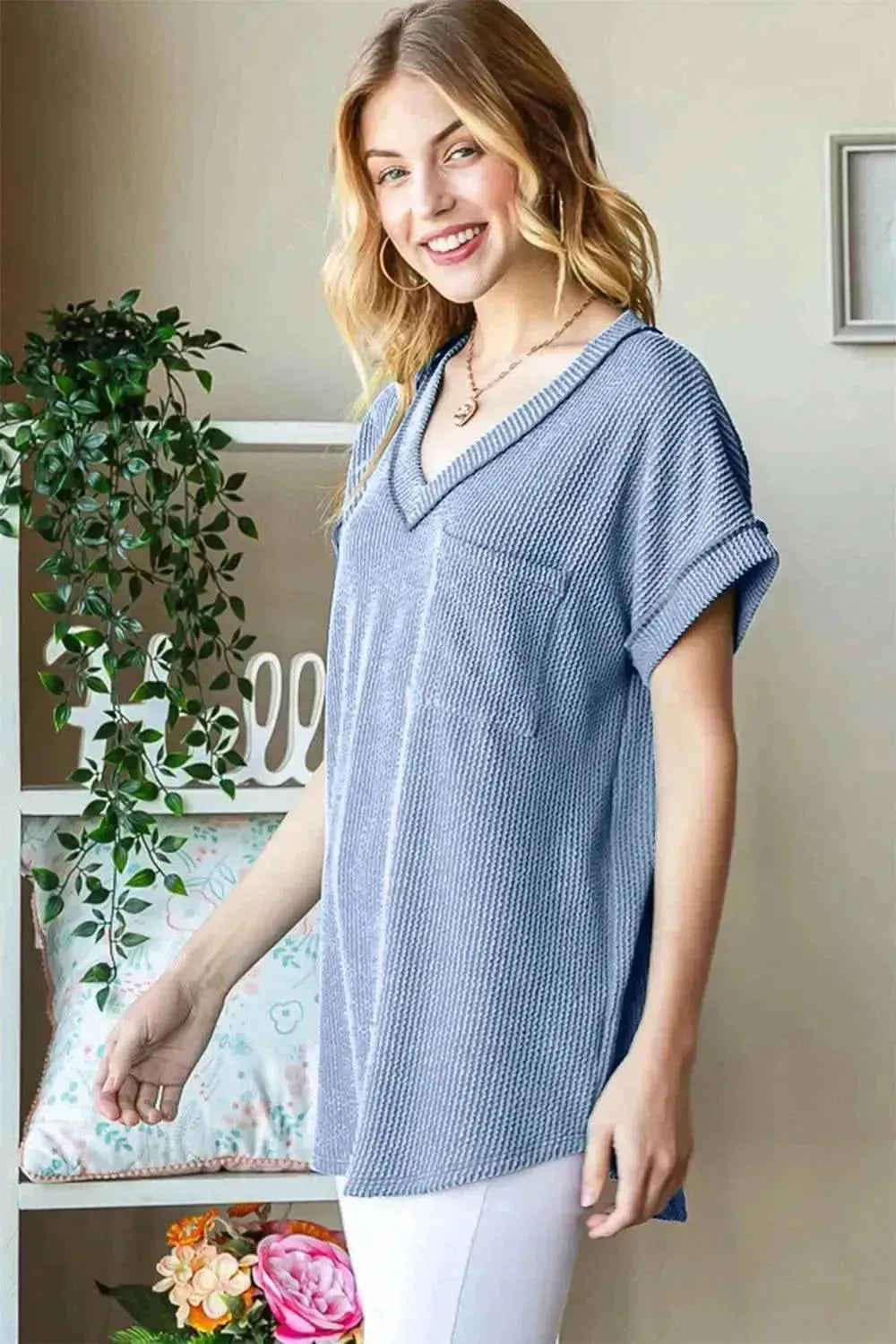 Heimish Full Size Front Pocket Short Sleeve Ribbed Top - Bad Moms Club