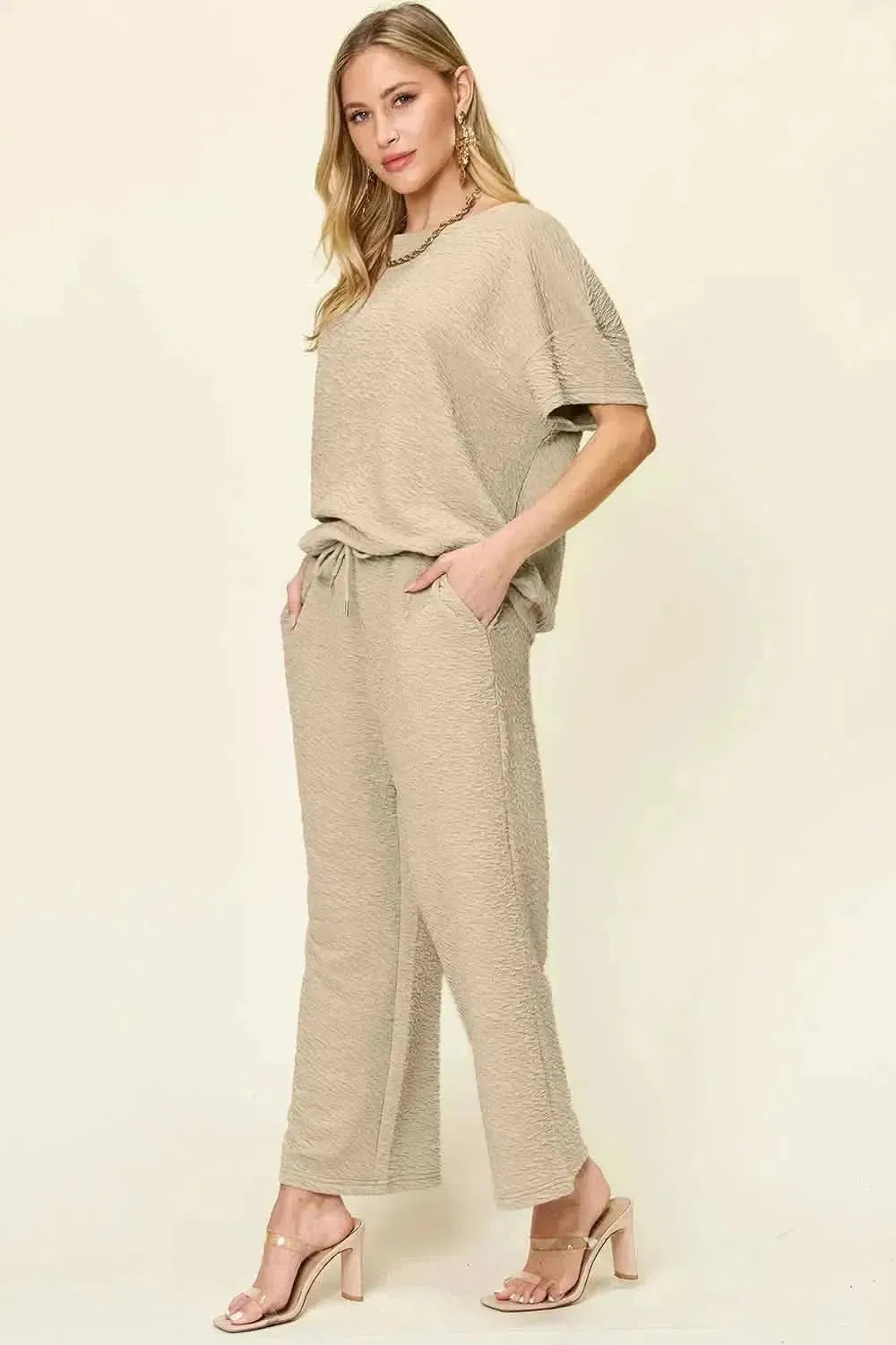 Double Take Full Size Texture Short Sleeve Top and Pants Set - Bad Moms Club