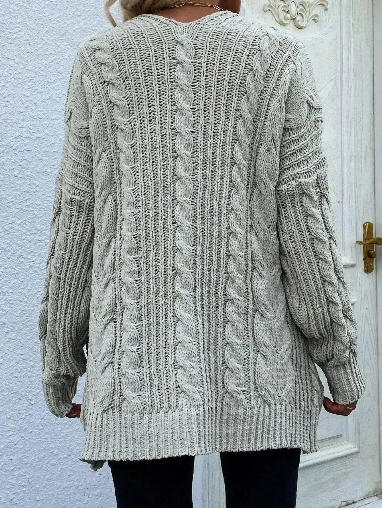 Woven Right Cable-Knit Open Front Cardigan with Front Pockets - Bad Moms Club