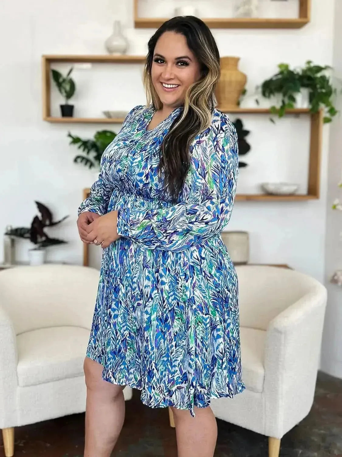 Double Take Full Size Printed Drawstring Waist Long Sleeve Dress - Bad Moms Club