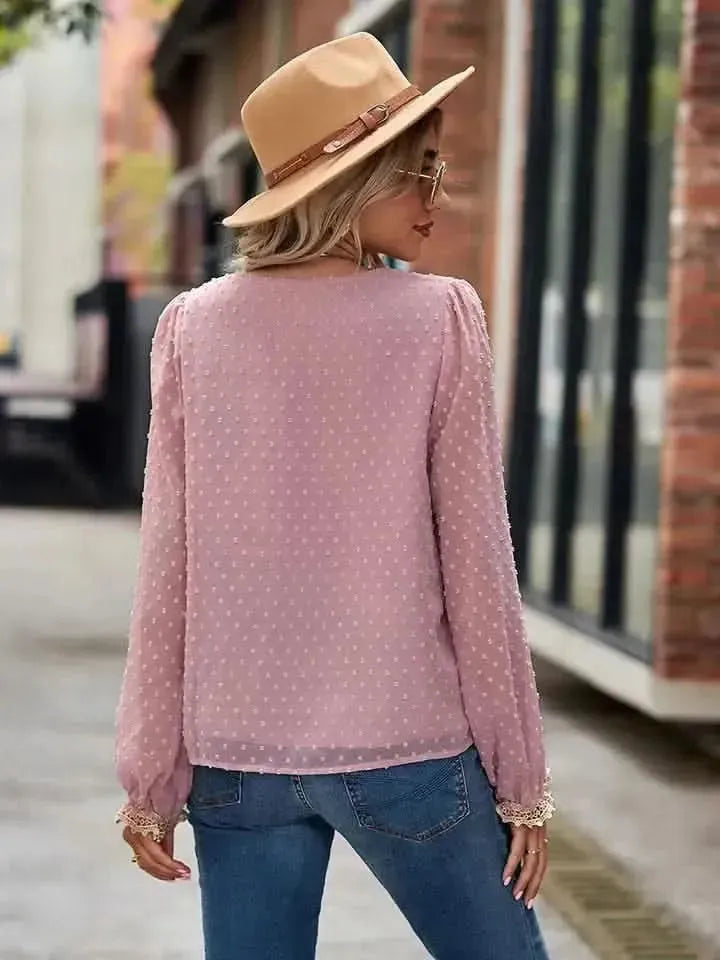 Swiss Dot V-Neck Long Sleeve Blouse - Bad Moms Club