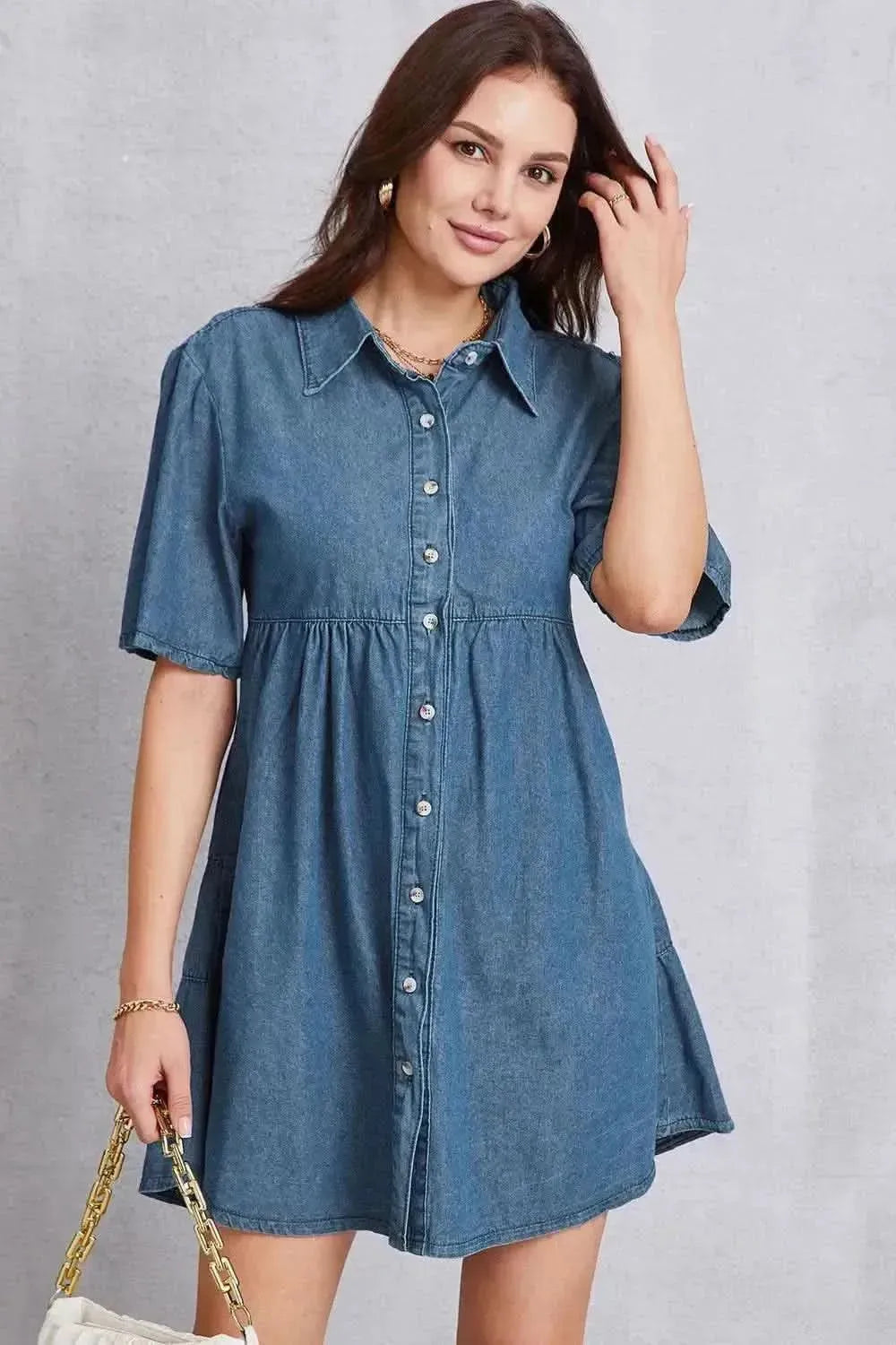 Button Up Collared Neck Tiered Denim Dress - Bad Moms Club